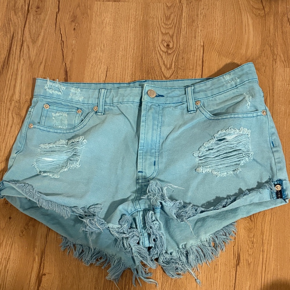 Sky Blue Frayed Denim Shorts